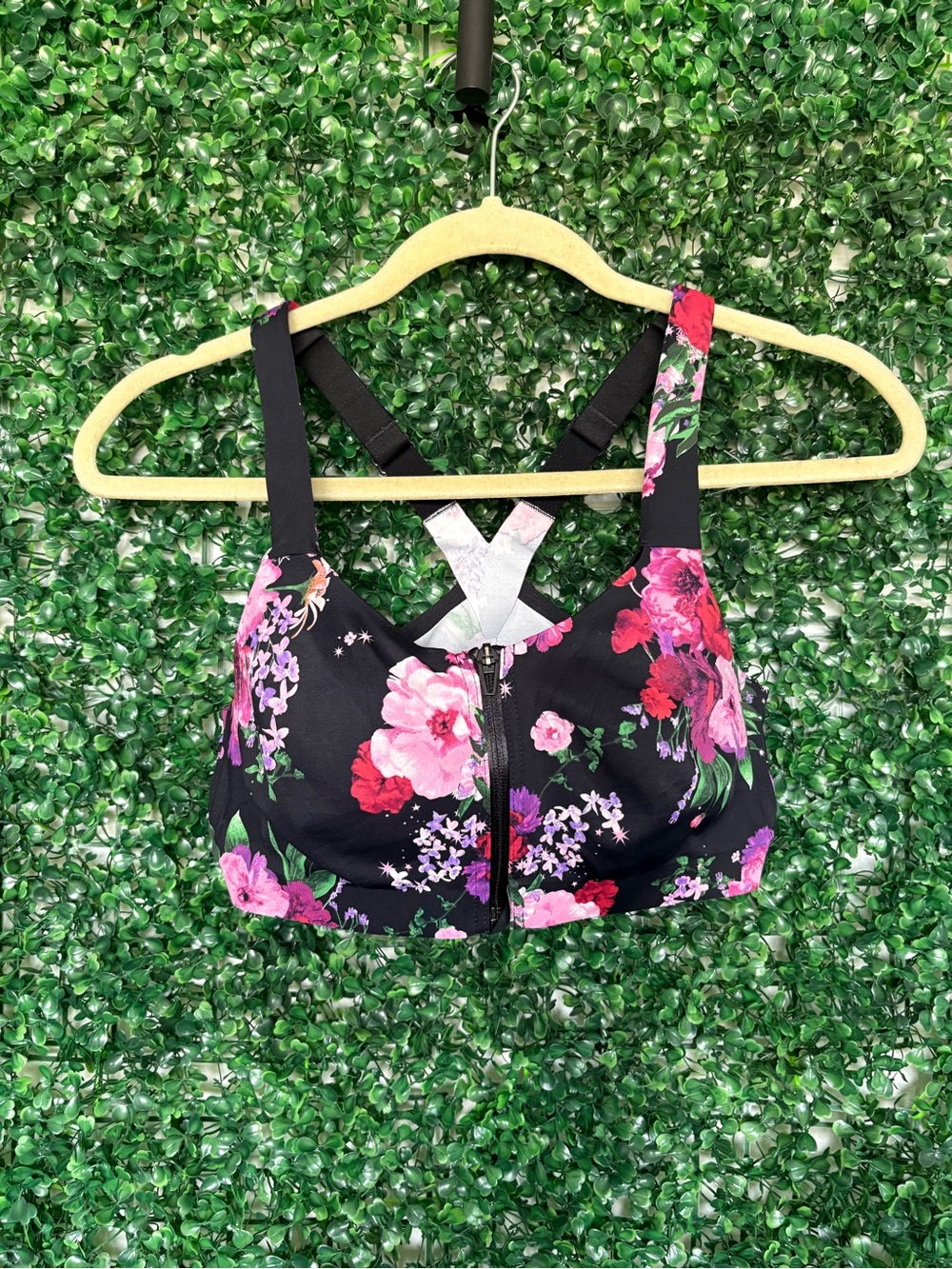 Victoria's Secret knockout Black Sports Bra with Pink Floral Front Zip